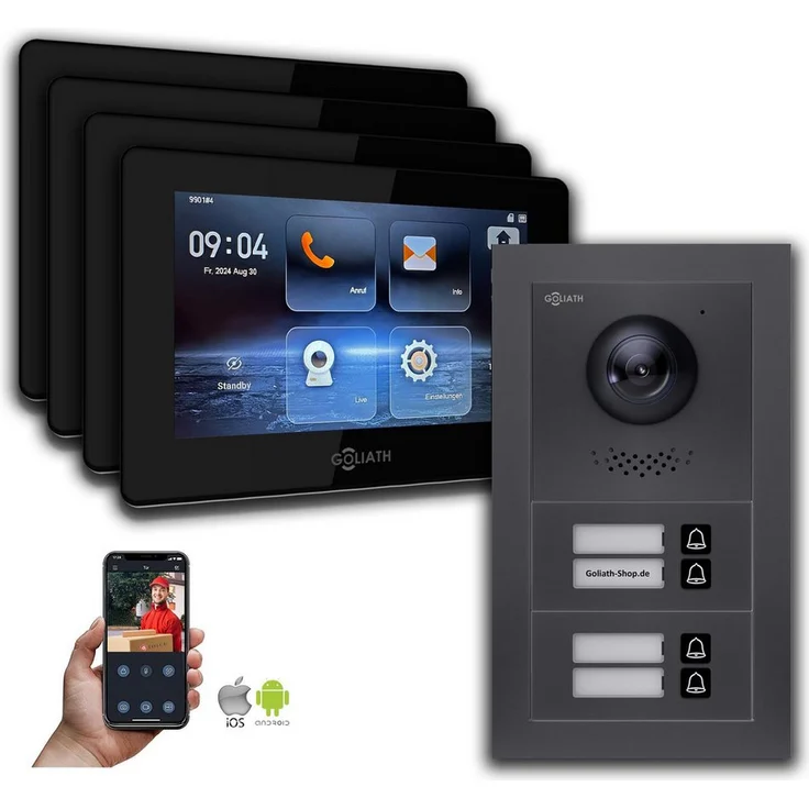 Goliath Intercom GL-HB400A, 2-Draht BUS Video-Türsprechanlage in Anthrazit mit 4 Monitoren, HD-Kamera und Smartphone-App für 4-Familienhaus