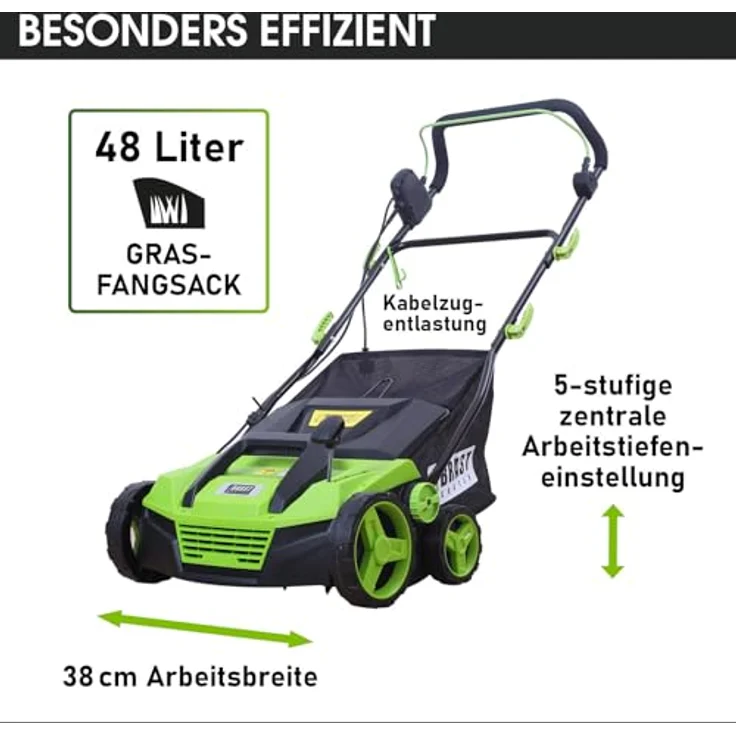 BRAST Vertikutierer Elektro Rasenlüfter 1600 Watt 38cm Arbeitsbreite Kombi Gerät Moosentferner – Bild 3