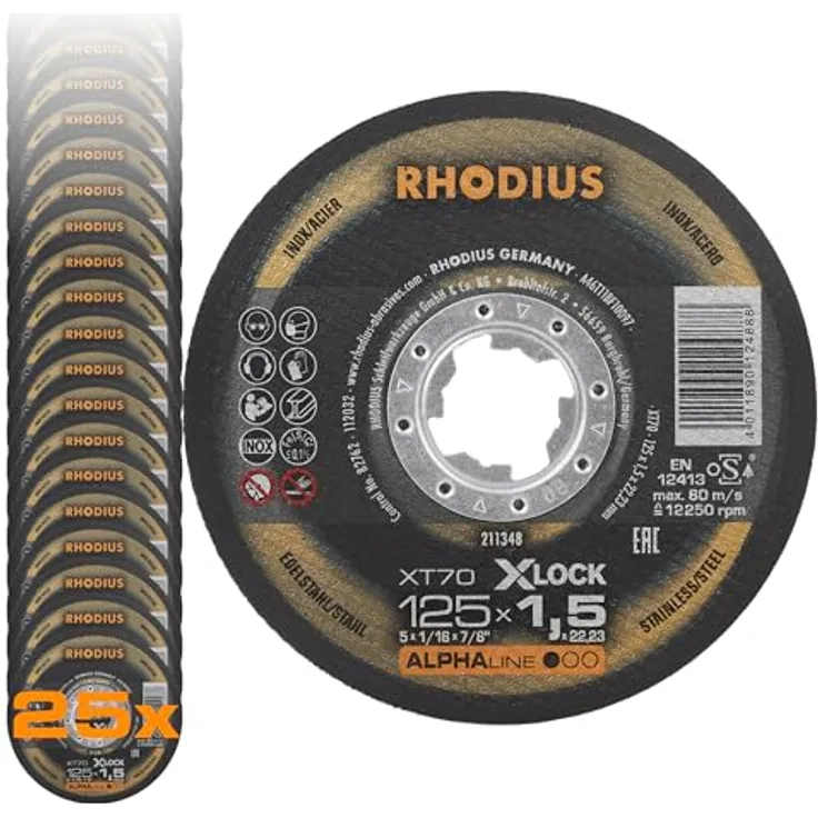 RHODIUS XT70 X-LOCK, Trennscheibe Metall Ø 125 mm x 1,5 mm, extra dünn für Winkelschleifer, Edelstahl, INOX, Stahl, Eisen, Hartmetall, 25 Stück