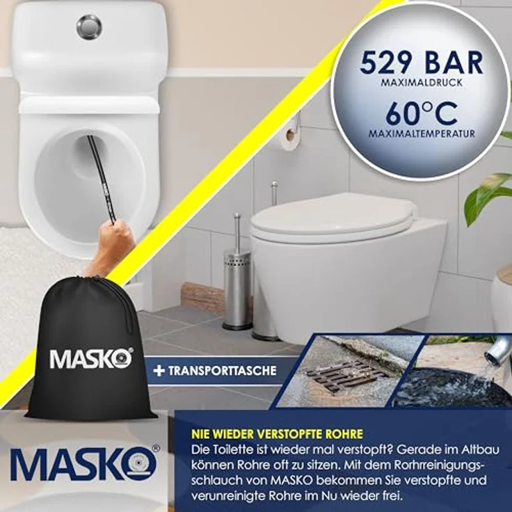 MASKO Premium Rohrreinigungsschlauch Set Abflussreiniger 200 bar inkl. Tasche 3 Adapter 2 Düsen + rotierend kompatibel mit Kärcher k2-k7 LAVOR Hochdruckreiniger universal Rohrreinigungsset 30m, Schwarz - Premium - Preisvergleich – Bild 6