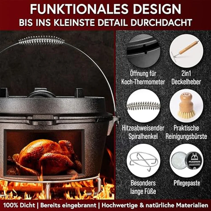 GUSSKÖNIG Dutch Oven Set, Eingebrannter Feuertopf aus Gusseisen, 7L für 3-6 Personen, mit 2in1 Deckelheber, Untersetzer, Bürste und Rezeptbuch, 30 Jahre Garantie – Bild 5