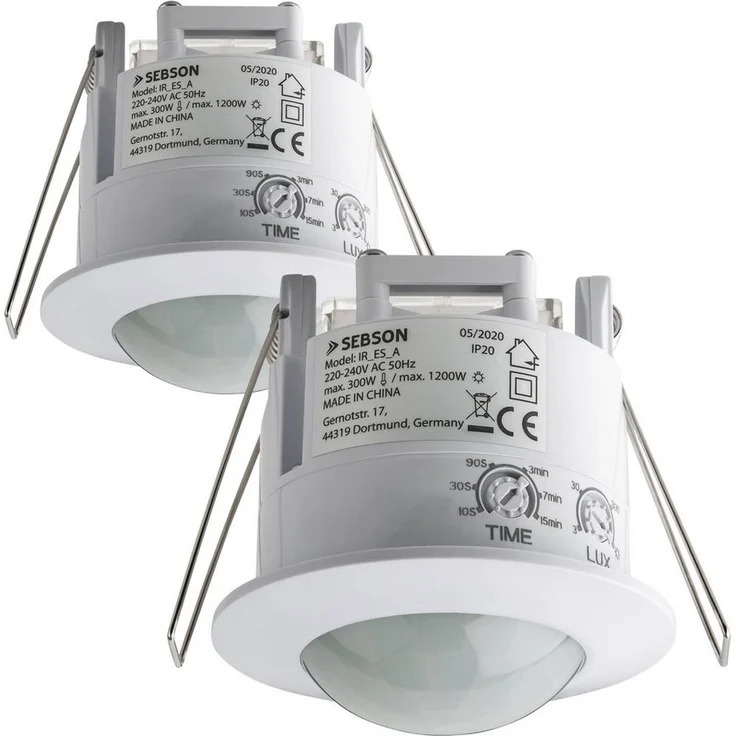 SEBSON Bewegungsmelder Bewegungsmelder Unterputz programmierbar LED geeignet - 2er Set, Decken Einbau IR Bewegungsmelder, max. 1200W bei Glühlampen / max. 300W bei LED Lampen, Ø75x75mm, Kunststoff - Preisvergleich – Bild 1