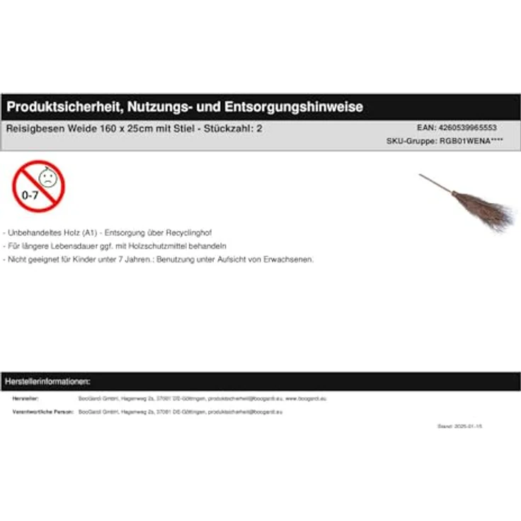 BooGardi 2X Reisigbesen Birke 160 x 25 cm mit Stiel, multifunktionaler Hexenbesen und Kehrbesen aus handgefertigtem Birkenreisig für Halloween und Karneval – Bild 3