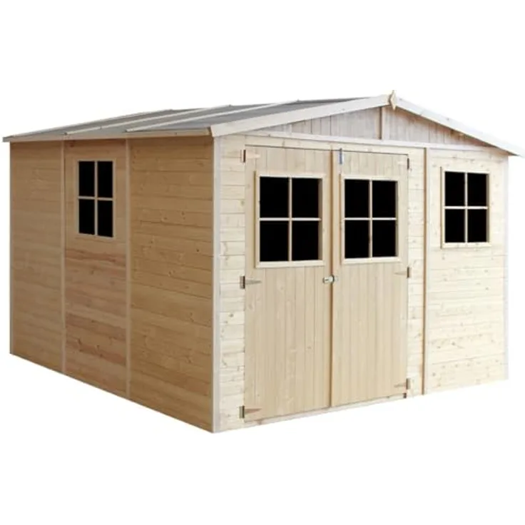 TIMBELA Holz Gartenschuppen MIT IMPRÄGNIERTEM Boden - Abstellkammer mit Fenstern - H226x316x324 cm/9 m² Naturholz-Shiplap-Schuppen - Gartenwerkstatt - Fahrrad- Geräteschuppen M335+335G