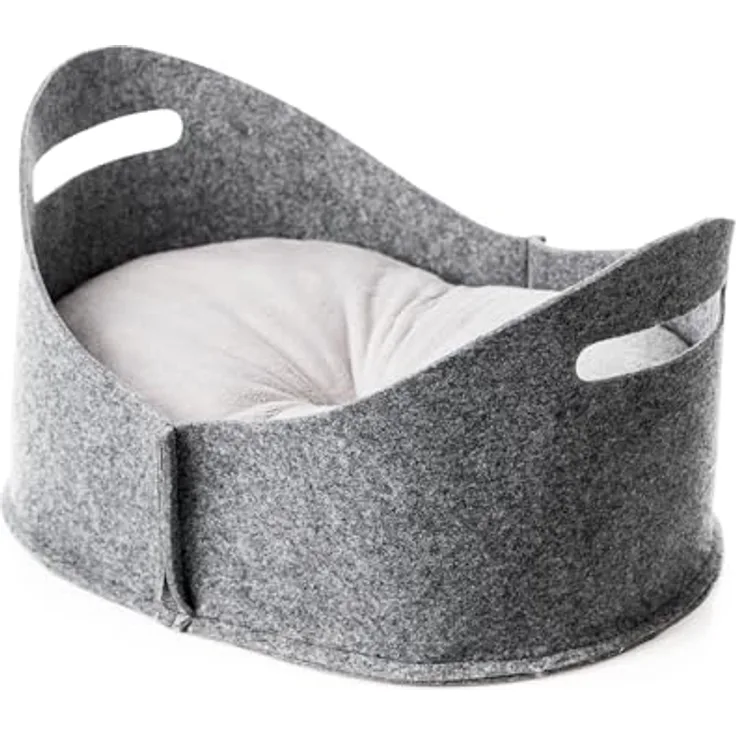 Ollesch Filzbett Katze oval grau-weiß, Tierbett mit herausnehmbarem Kissen, 44x33x25 cm