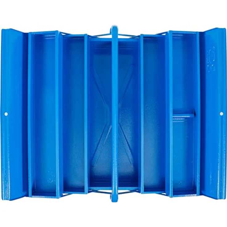 BGS TECHNIC Metall-Werkzeugkasten leer, 5 Fächer, 530 x 200 x 200 mm, hammerschlagblau, Stahlblech mit automatischer Schließfunktion und klappbarem Tragebügel – Bild 4