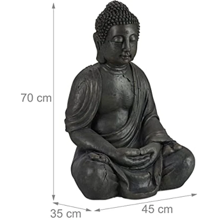Buddha Figur sitzend, XL 70 cm, Gartenfigur, Dekofigur Wohnzimmer, wetterfest & frostsicher, dunkelgrau – Bild 5