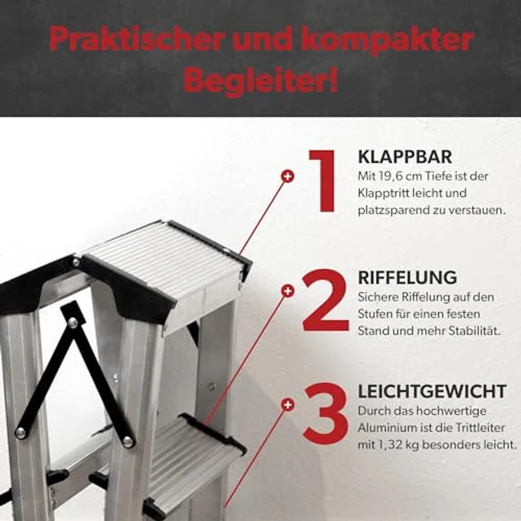 siwitec Alumium-Klapptritt 1 Stufe | Kleine Trittleiter mit rutschfesten Standfüßen | 150 kg Traglast | Geriffelte Stufen | Platzsparend | Klappleiter – Bild 3