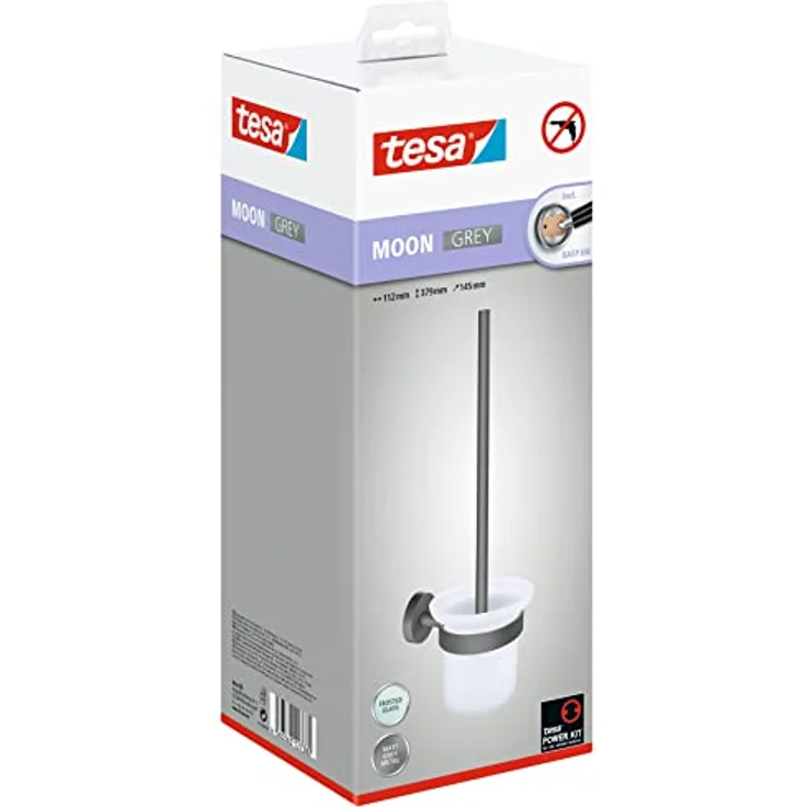 tesa MOON GREY WC-Garnitur, Set mit Halter & WC-Bürste, matt grau, satiniertes Glas - für Bäder im Industrial Style und moderne Badezimmer - bohrfrei, inklusiv Klebelösung - 379 mm x 112 mm x 145 mm – Bild 2