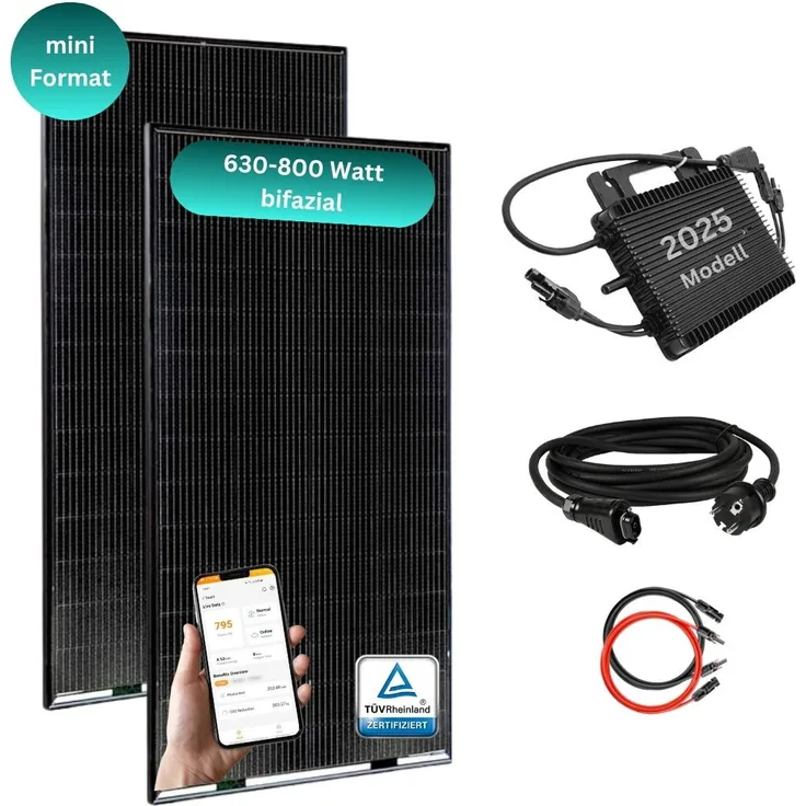 MYVOLTAICS Balkonkraftwerk MyBasic 630+ Watt, Bifaziales Mini-Format mit 2x 315+ Watt Glas-Modulen, WLAN-Wechselrichter, Steckerfertig, 1,65m x 0,88m, 15m Kabel