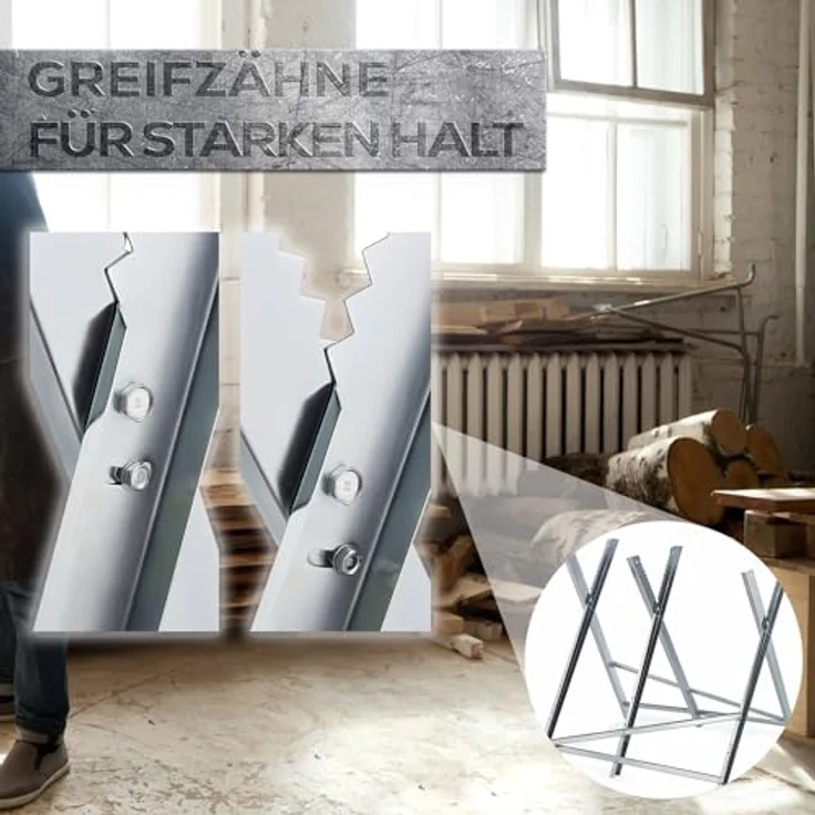 GARMIO Sägebock Sägebock verzinkt zusammenklappbarer Holzsägebock 4-fach, Extra robust, verkeilte Zinken, Greifzähne besserer Halt, 150 kg max. Belastbarkeit, silber – Bild 10