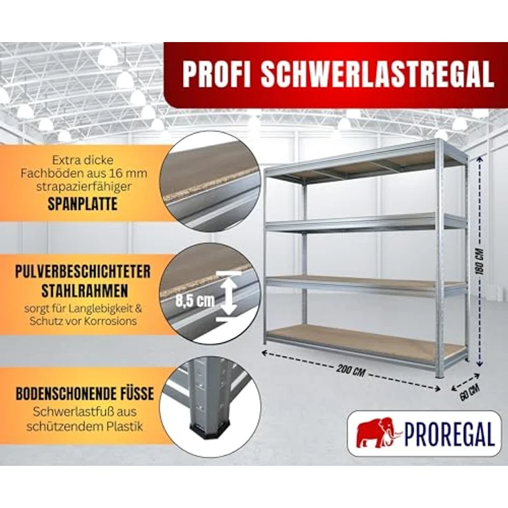 Proregal Schwerlastregal DINO, 180 x 200 x 60 cm, 4 Fachböden mit 500 kg Traglast pro Boden, verzinkt, einfache Steckmontage – Bild 2