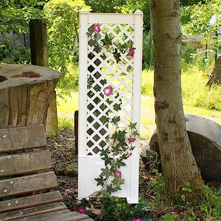 NYVI Spalier mit Erdspießen NYVIGreen 140x43 cm - Rankgitter aus wetterfestem & recyceltem Kunststoff - Rankhilfe - Pflegeleicht, Steckmontage ohne Werkzeug, Farbe:Weiß