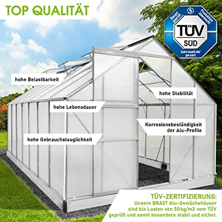 BRAST Gewächshaus Aluminium 430x250x205cm, TÜV geprüft, 6mm Hohlkammerplatten, rostfrei, wetterfest, temperaturbeständig, Silber – Bild 3