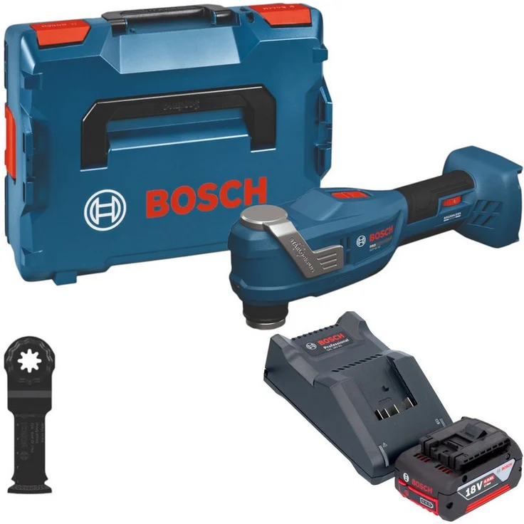Bosch Professional GOP 18V-30, Akku-Multifunktionswerkzeug 18V mit 4,0Ah Akku, Ladegerät und L-Boxx, reduzierter Vibration, Snap-in-Klingenhalter