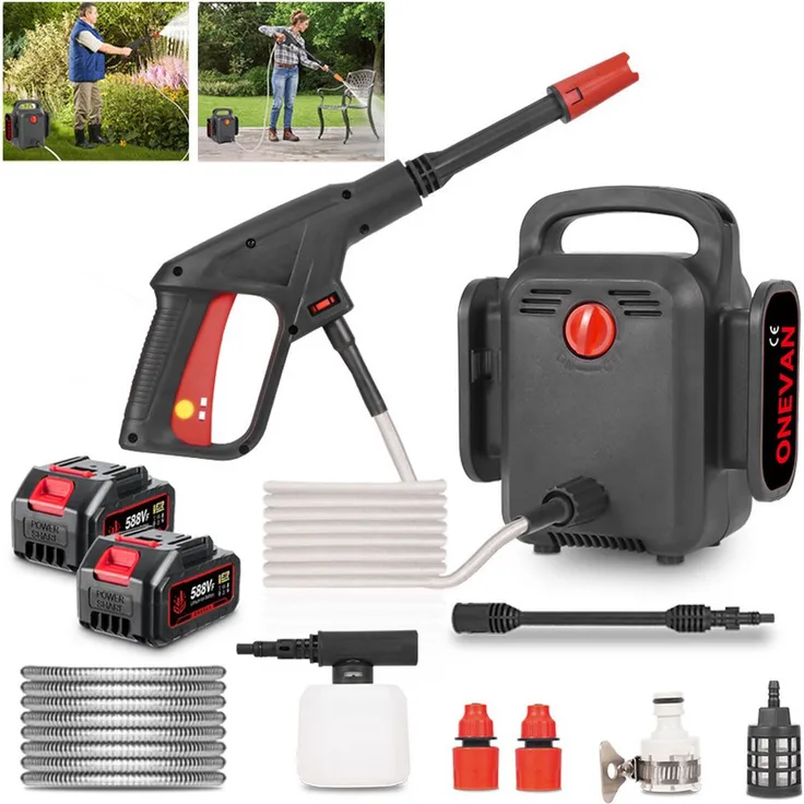 ONEVAN Akku-Hochdruckreiniger 60 Bar, bürstenlos, 400 W, mit 2 × 3000 mAh Akkus, 186 l/h Fördermenge, 10 m Schlauch, 5 m Wasserzulaufrohr für Terrassen, Autos, Höfe