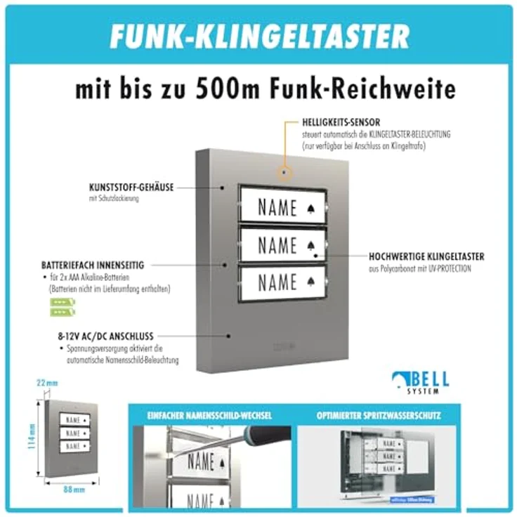 m-e Funkklingel BELL-523 AC, Erweiterbare kabellose Türklingel mit 500 m Reichweite, Silber, für 3-Familienhaus mit 3 Empfängern und 16 Klingeltönen – Bild 5