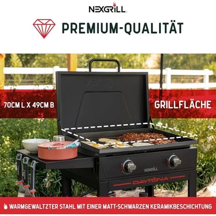 Nexgrill 2-Brenner Plancha Gasgrill, kompakter Standgrill mit keramikbeschichteter Grillplatte und 10 kW Leistung für Garten, Balkon & Outdoor BBQ – Bild 3