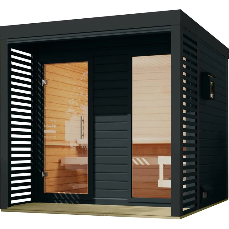 Karibu Saunahaus Angelus XL, 38 mm Wandstärke, 2 Bänke, Anthrazit, mit Anbau und integrierten Saunaofen