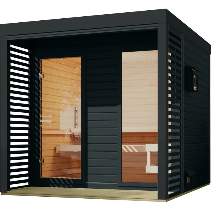 Karibu Saunahaus Angelus XL, 38 mm Wandstärke, 2 Bänke, Anthrazit, mit Anbau und integrierten Saunaofen