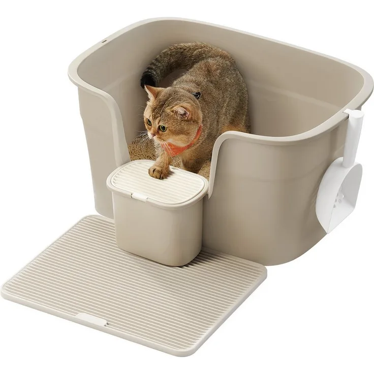 FEANDREA Katzentoilette, für große Katzen, mit hohen Seitenwänden, Schaufel, in Taubengrau / Cappuccinobeige