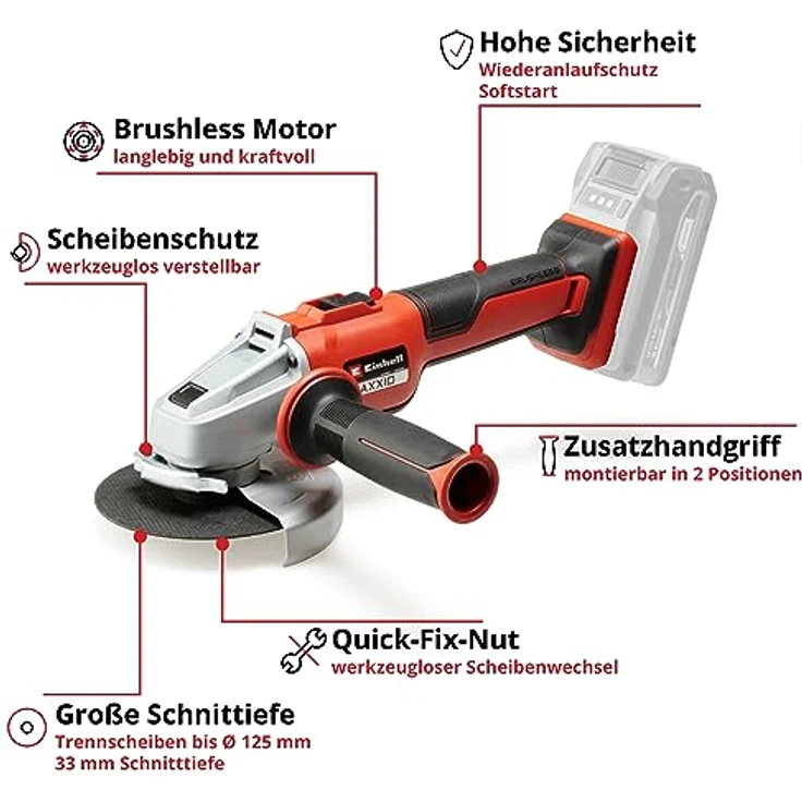 Einhell Akku-Winkelschleifer Axxio 18-125 Q Li Power X-Change PXC Lithium Ionen, bürstenloser Motor, Wiederanlauf--Überlastschutz, ohne Trennscheibe, ohne Akku und Ladegerät – Bild 3