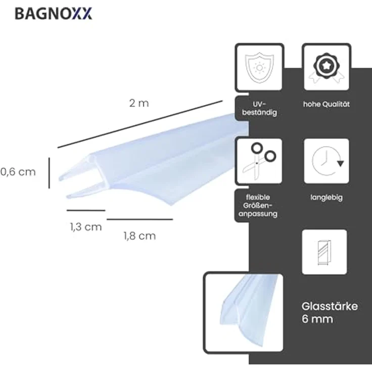 Bagnoxx Wanddichtung Dusche 2m für 6mm Glasstärke, transparente PVC-Dichtung für spritzwasserdichte Wandabschlüsse – Bild 2
