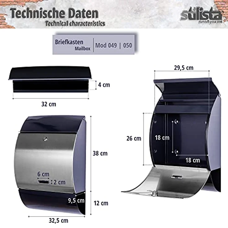 STILISTA Standbriefkasten Stahl MIX mit Anthrazit Beinen 32,5 x 50 x 9,5 cm – Bild 5