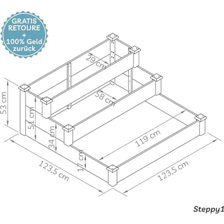 needs&wants® Hochbeet Steppy1, großes Stufenbeet aus braun lasiertem Tannenholz, 3 Etagen, Pflanzbeet XL für Garten und Terrasse, 400 l Volumen – Bild 4