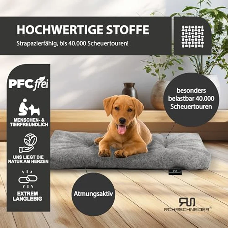 Rohrschneider Hundebett Made in EU | Hundematte mit Anti-Rutsch | strapazierfähiges Hundekissen für kleine, mittelgroße & große Hunde | Katzenbett | inkl. Futternapf | Gr. 2 (grau, 50 x 80 x 7 cm) – Bild 4
