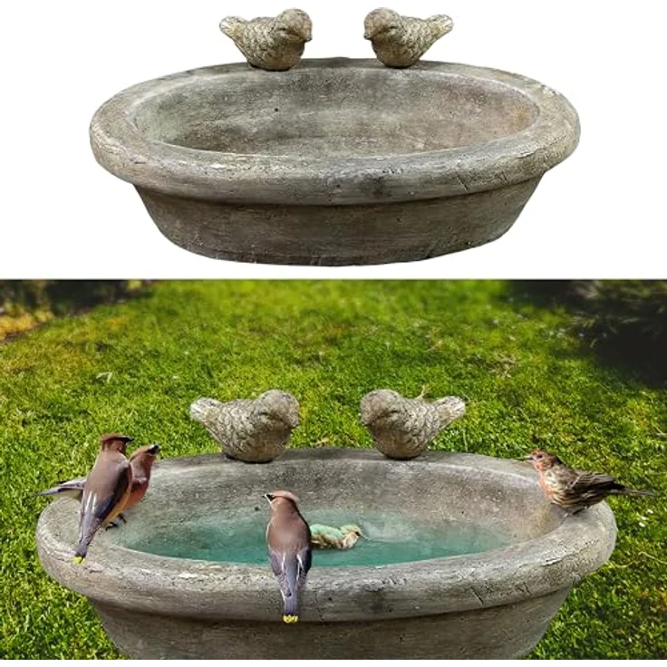 Vogeltränke mit Zwei Vögeln | Zement 27x20cm | Wasserbecken Vogelbad Vogelbecken Gartendekoration – Bild 1
