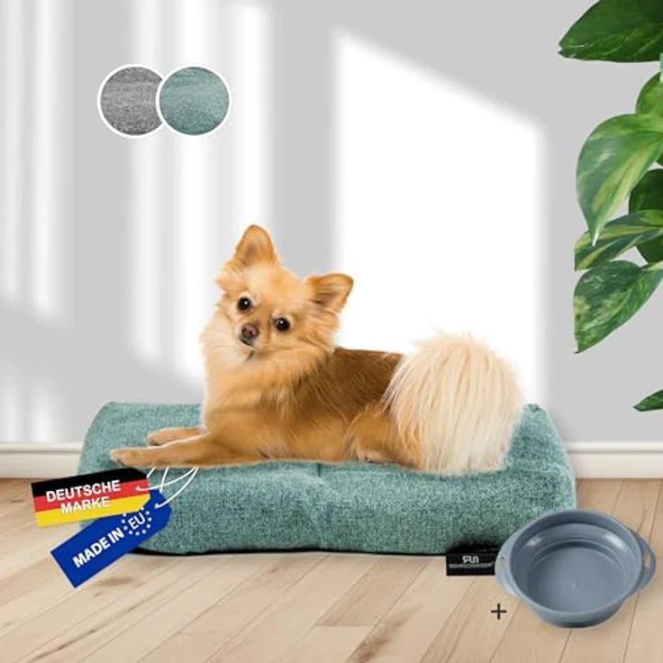 Rohrschneider Hundebett Made in EU | Hundematte mit Anti-Rutsch | strapazierfähiges Hundekissen für kleine, mittelgroße & große Hunde | Katzenbett | inkl. Futternapf | Gr. 1 (türkis, 47 x 30 x H 7 cm) – Bild 1
