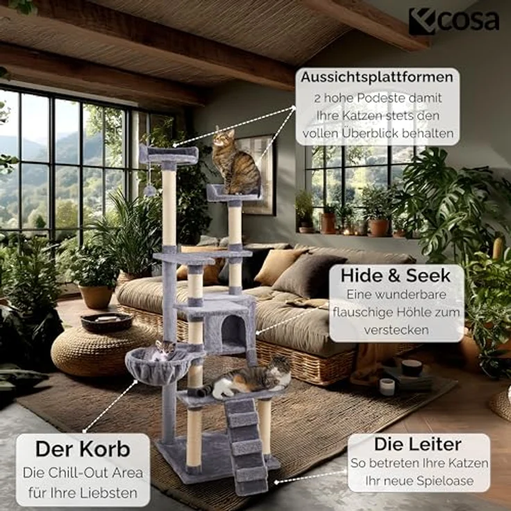 Ecosa® XXL Katzen Kratzbaum 170 cm, stabiler Kletterturm mit 9 Kratzsäulen, 6 Plattformen, Katzenhöhle, Hängematte und Spielball – Bild 3