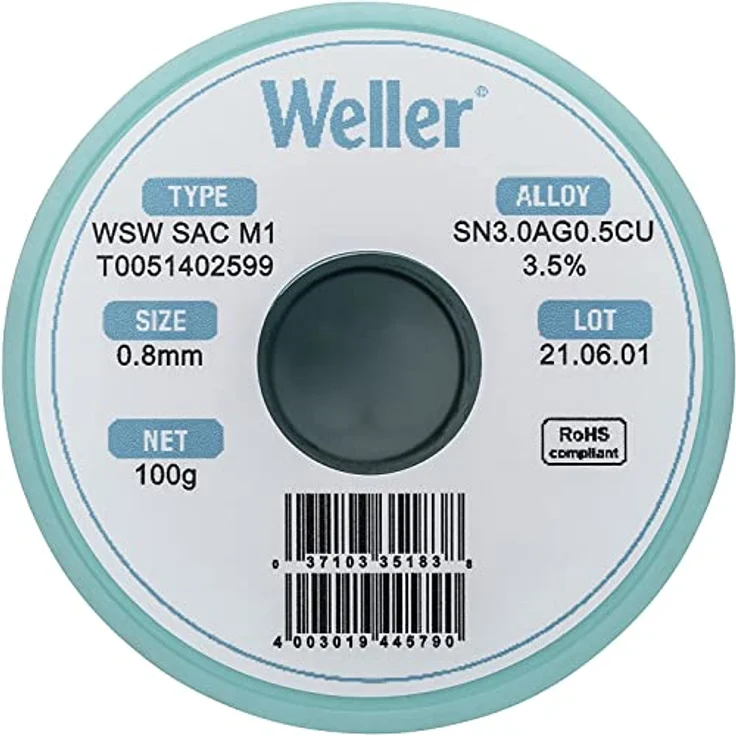 Weller WSW SAC M1 (T0051402599) Bleifreier Lötdraht, Ø 0,8mm, Legierung Sn96.5Ag3Cu0.5, Flussmittelgehalt 3,5%, 100 g - Preisvergleich – Bild 2