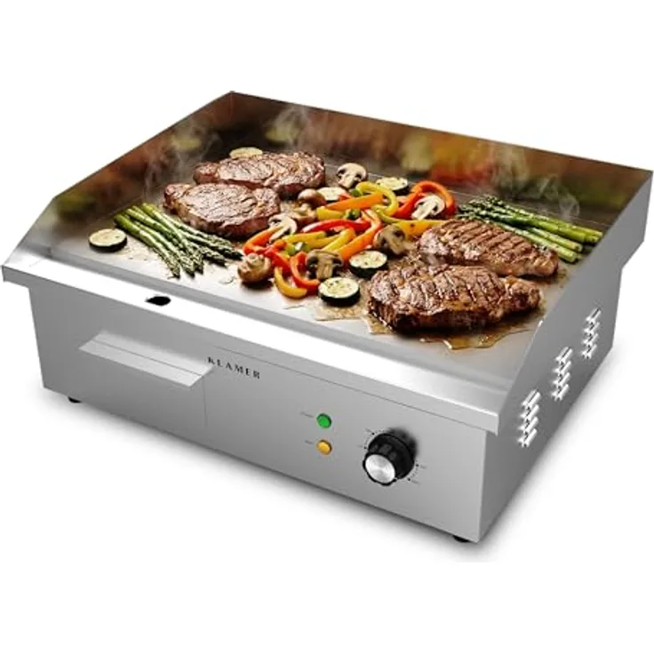 KLAMER Elektrogrill XL, 3000W Edelstahl mit 54,5x38,5 cm Grillplatte, stufenlos einstellbar 50–300°C, mit Spritzschutz und Auffangbehälter für Balkon & Gastronomie