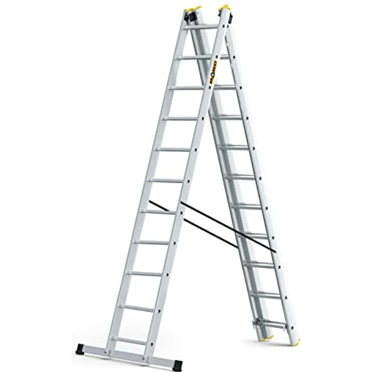 DRABEST Leiter PRO Serie Alu Vielzweckleiter 3X11 Stufen Schiebeleitern 3-teilig Stehleiter Kombileter Arbeitshöhe 7 m Belastbarkeit 150 kg Eimerhaken – Bild 2