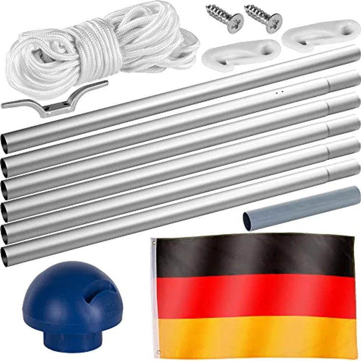 FLAGMASTER Teleskop Fahnenmast Aluminium 6,50m, 5-Fach höhenverstellbar, 30 Verschiedene Fahnen zur Wahl, Komplettset mit Bodenhülse in Silber – Bild 3
