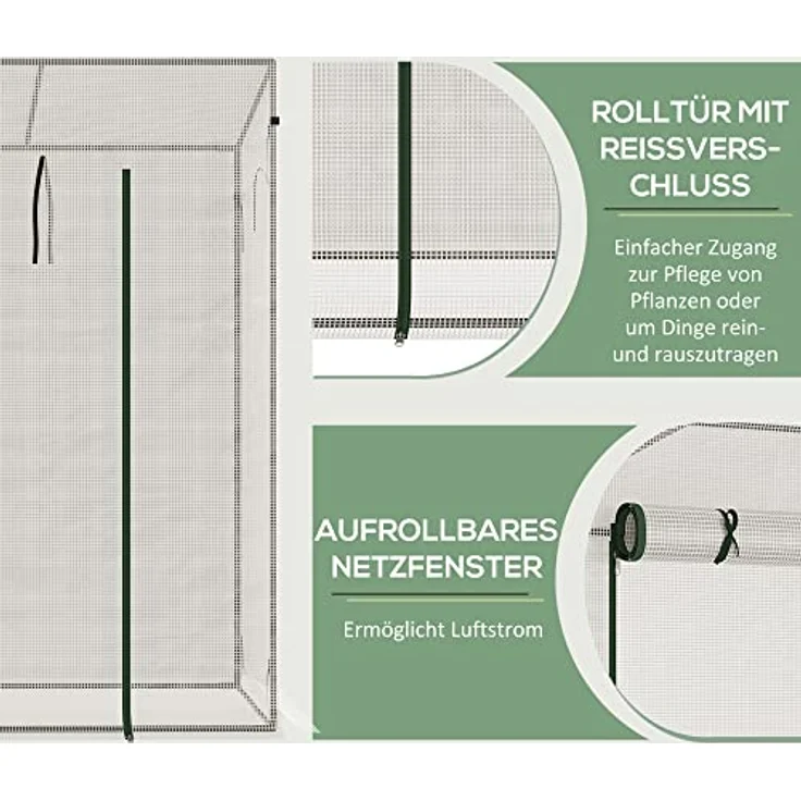 Outsunny Gewächshaus, Foliengewächshaus, Treibhaus mit Rolltür, Tomatenhaus mit Seitenfenster, Winddichtes Pflanzenhaus für Garten, aus Stahl, PE, Weiß, 200 x 68 x 196 cm – Bild 4