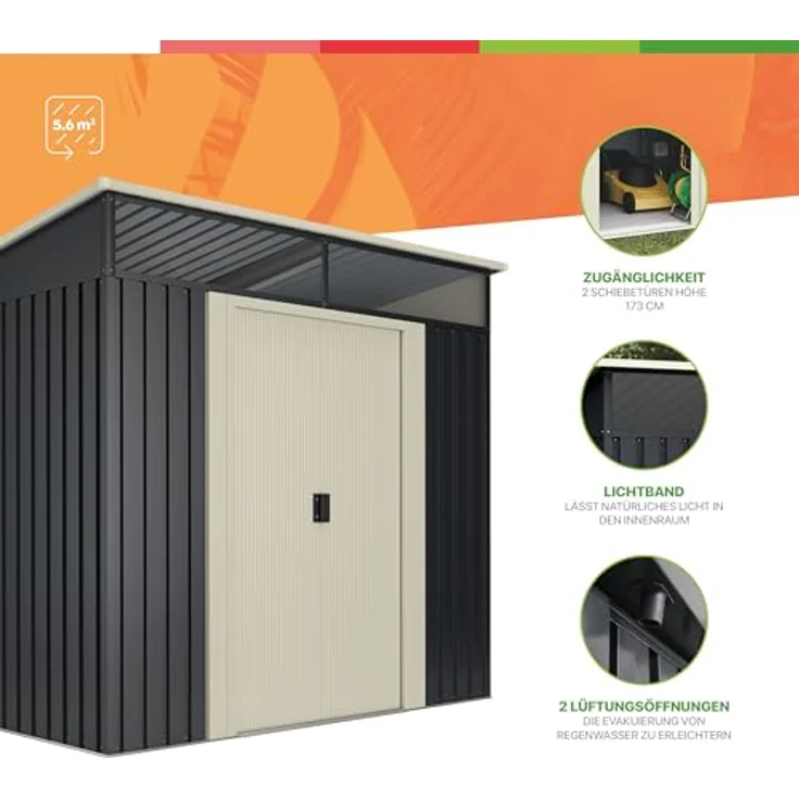 Okoru Global S.L.U. Wasabi Metall Gerätehaus 5,6 m² Anthrazitgrau/Sandbeige, Doppelschiebetür, Flachdach, wartungsfrei, korrosionsbeständig – Bild 2