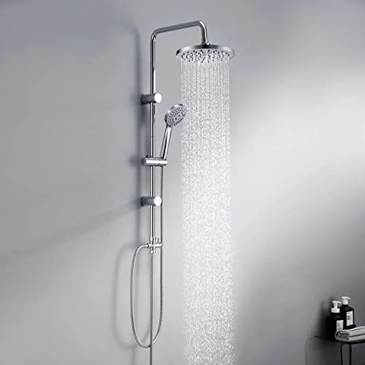 JOHO Edelstahl Duschsystem mit Regendusche, 20 cm Chrom, ohne Armatur, ABS, inklusive XL-Handbrause und verstellbarer Wandhalterung – Bild 2