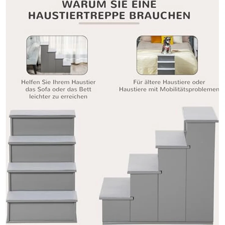 PawHut Haustiertreppe 4-stufige Einstiegshilfe mit rutschfester Matte für Auto, Bett und Sofa, grau, 40 x 59 x 54,2 cm – Bild 4