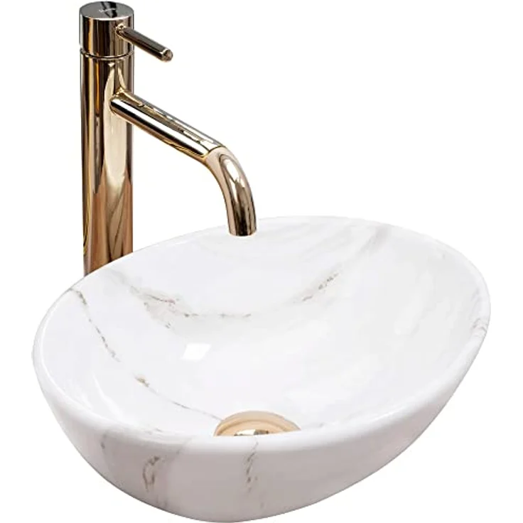 Rea Aufsatzwaschbecken SOFIA MINI SHINY AIAX Waschtisch Handwaschbecken Spülbecken Waschschale Waschbecken für Badezimmer aus hochwertiger Keramik 350 x 260 x 125 mm (Weiß, Marmorimitat) – Bild 1