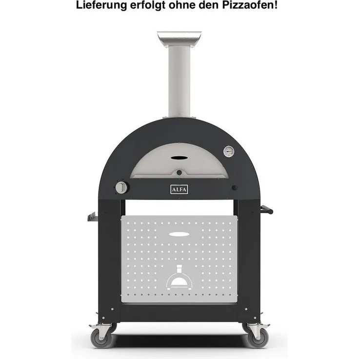 Alfa Forni Unterbau 4 Pizze für CLASSICO Pizzaofen, schwarzer Rollwagen mit Ablage und arretierbaren Lenkrollen