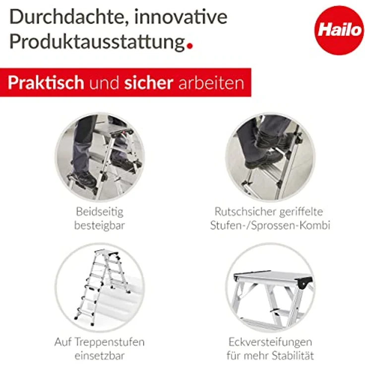 Hailo D100 TL Topline Teleskopleiter - ausziehbar, klappbar, Aluminium, bis 6 Stufen, max. 1,31 m, 8,9 kg – Bild 3