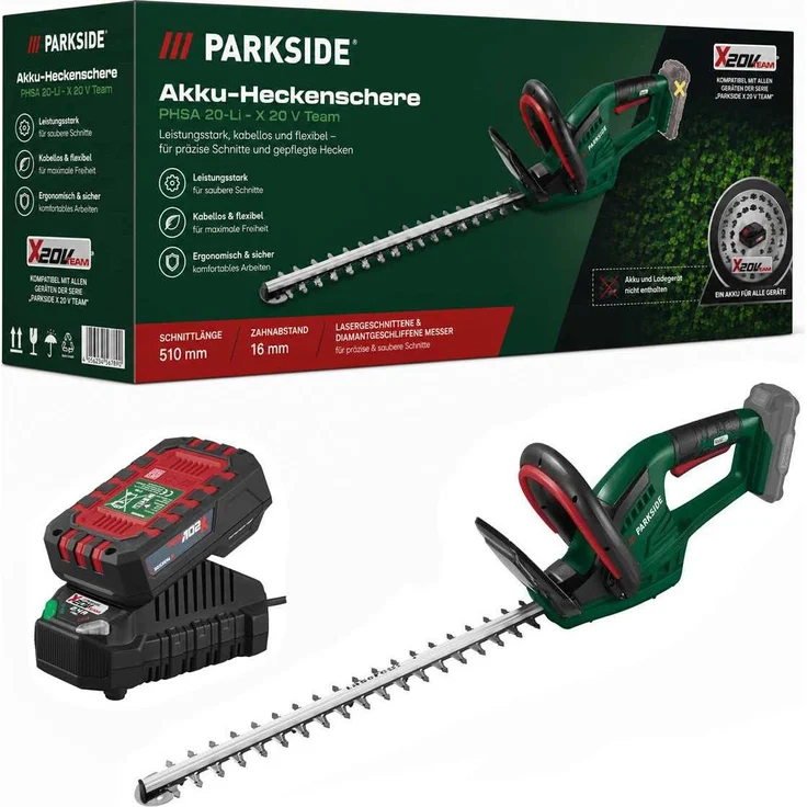 PARKSIDE Akku Heckenschere PHSA 20-Li - X 20 V Team, 52 cm Schnittlänge, Akku 2.0 Ah & Ladegerät, Lasercut-Qualitätsmesser