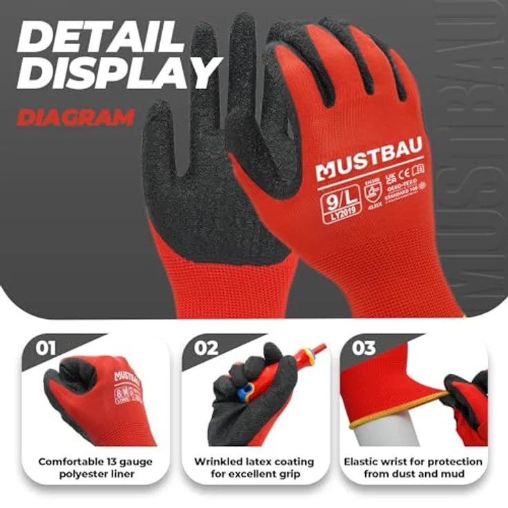 Mustbau 3 Paar Arbeitshandschuhe EN388 Late und Polyester beschichtet, abriebfest und belüftet nahtlos gestrickte Handschuhe Ideal für Gartenarbeit, Mechaniker, Baustellen (Rot,XL) – Bild 3