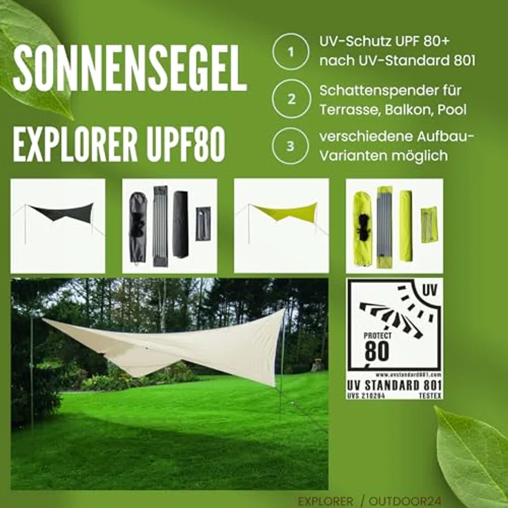 Sonnensegel Explorer in diversen Farben - unterschiedliche Aufbaumöglichkeiten - UPF80+ UV Schutz nach Standard 801 (Grün) – Bild 5