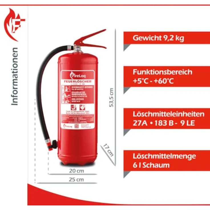 FireLoq® 6L Schaumlöscher 27A | 183B, Komplettset mit Feuerlöscher Ständer und Gitterschutzhaube für Industrie und Gewerbe – Bild 2