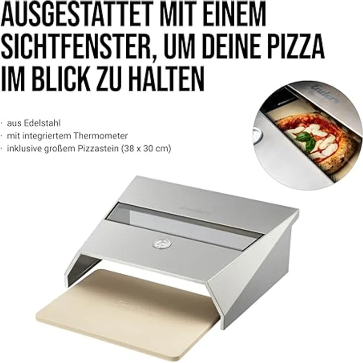 Enders Pizzacover Turbo für Gasgrill mit Backburner, inkl. Thermometer, Pizza Grillaufsatz, inkl. Pizzastein 38cm x 30cm, Aufsatz mit Sichtfenster für ein besseres Backergebnis #7881, aus Edelstahl mit Sichtfenster und großem Pizzastein, passend für Monroe Pro und Colorado Serie (Silber) – Bild 3