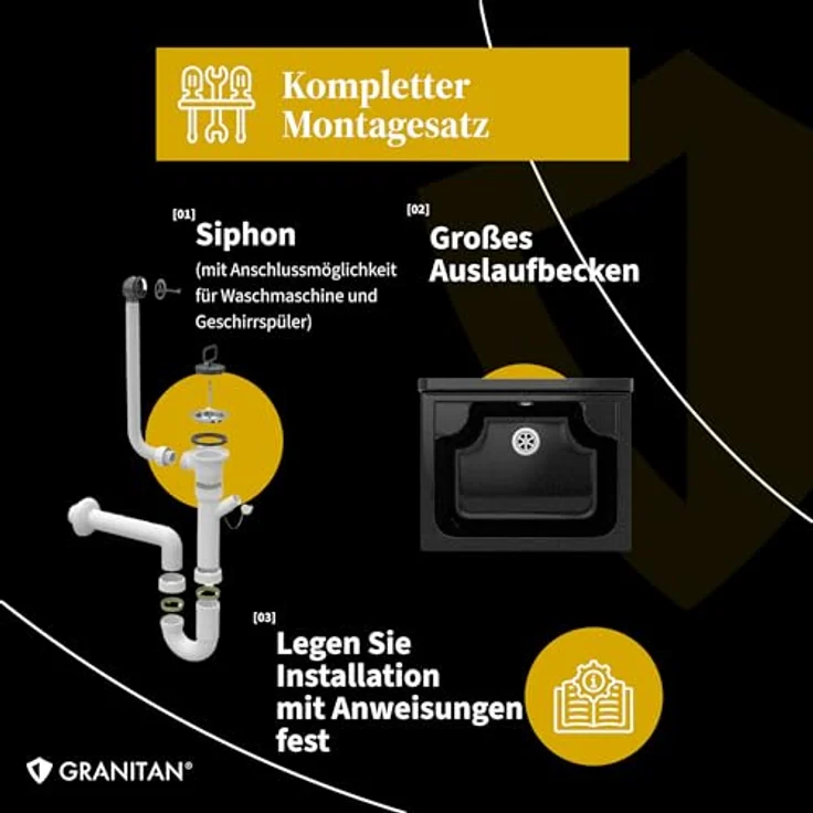 Granitan Kunststoffspüle LOMA - Ausgussbecken Waschtrog mit Siphon - Wandmontage 42x34x24 cm, Waschebcken Set in verschiedenen Farben – Bild 6